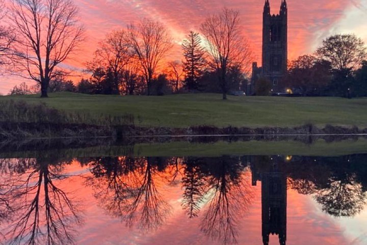 a pond with a sunset in the background