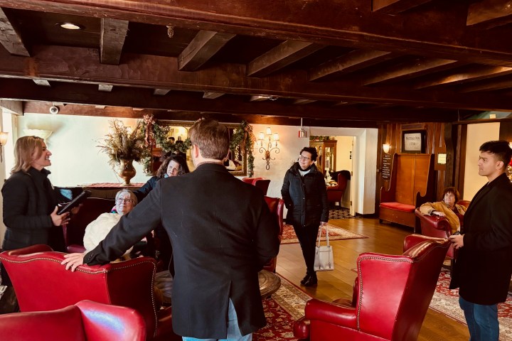 People in a cozy room with red chairs and decorative plants, conversing or relaxing.