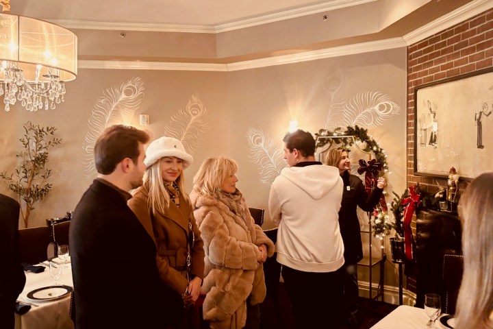 Group of people in a warmly lit room with holiday decorations and elegant attire.