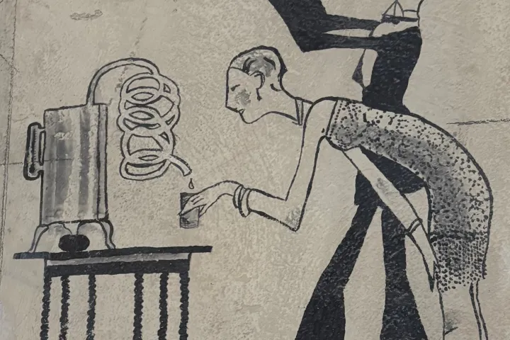 Stylized drawing of a woman bending over a distillation setup with a man behind her holding a flask.